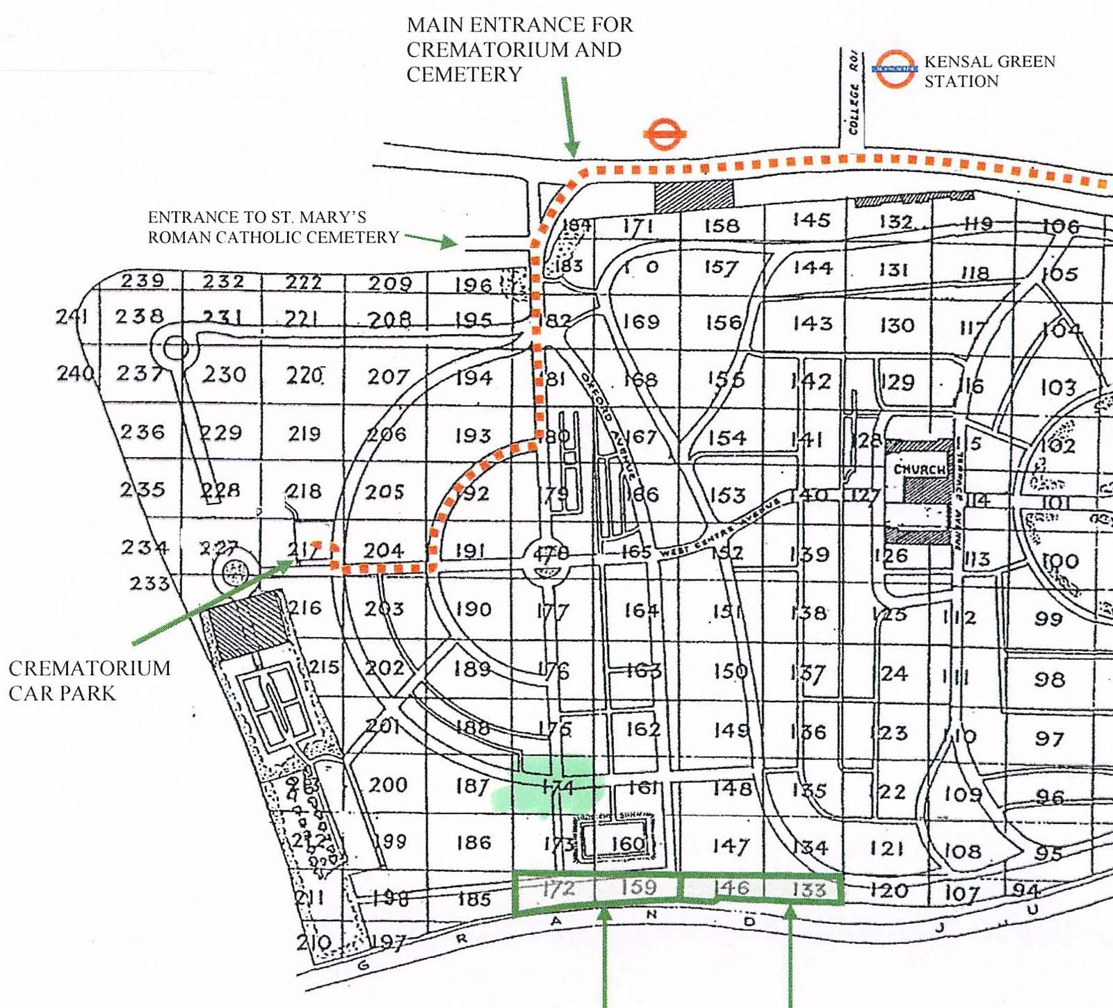 Map of Kensal Green Cemetery showing the location of plot 43941