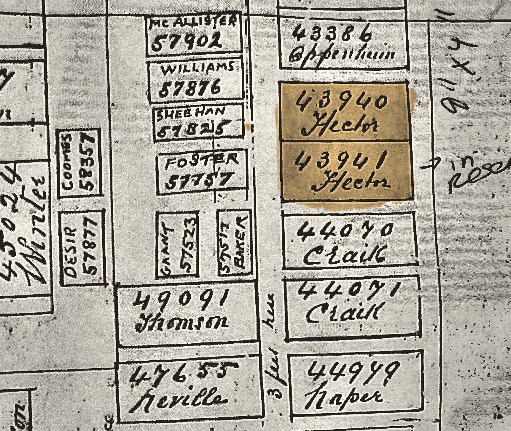 Original cemetery plan showing Section 174 and plot 43941